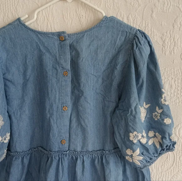 Denim Puff Sleeve Embroidered Midi Dress Babydoll Lightwash Modest Cute Sundress - Picture 7 of 9